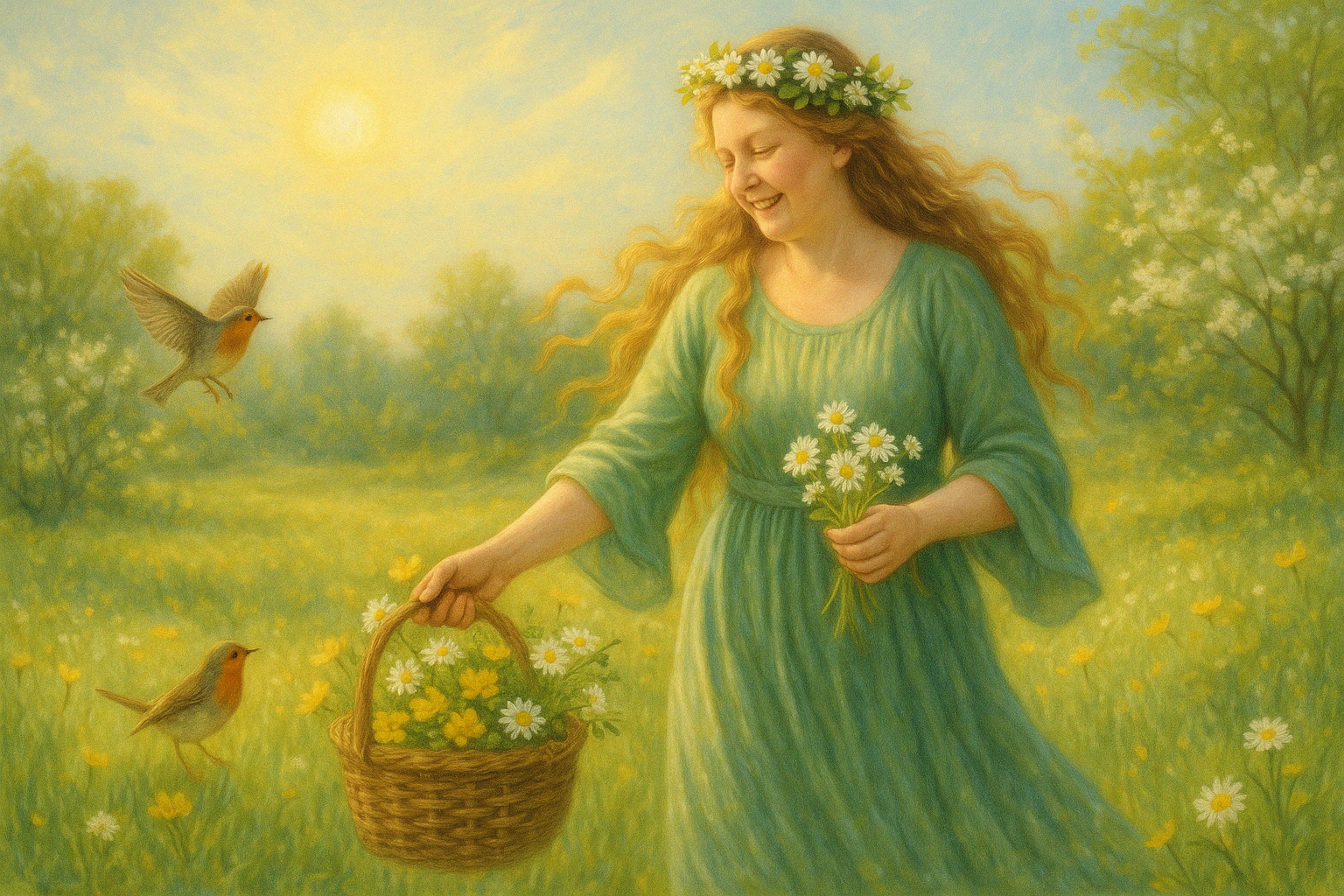 A beautiful and happy woman in an open field during spring collecting flowers and herbs in a basket, The birds fluttering about her