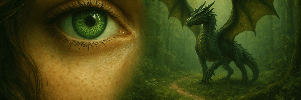 A green eye, black dragon and nature pathway