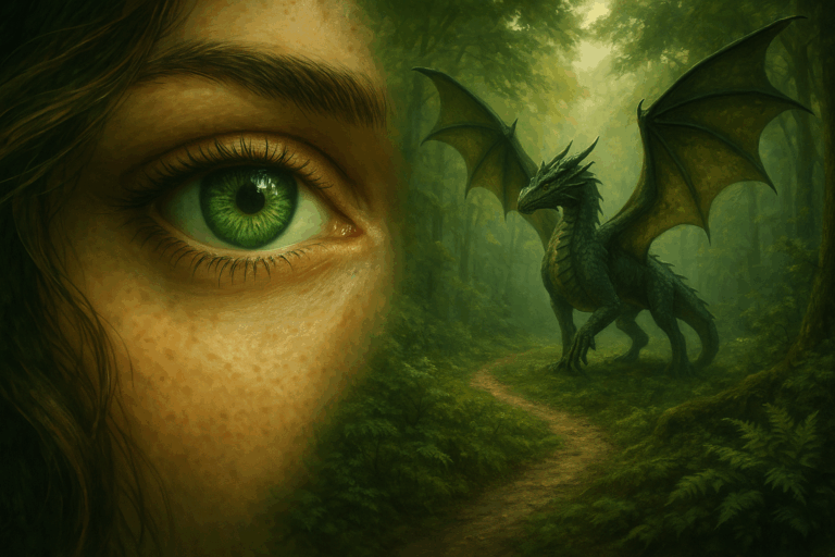 A green eye, black dragon and nature pathway