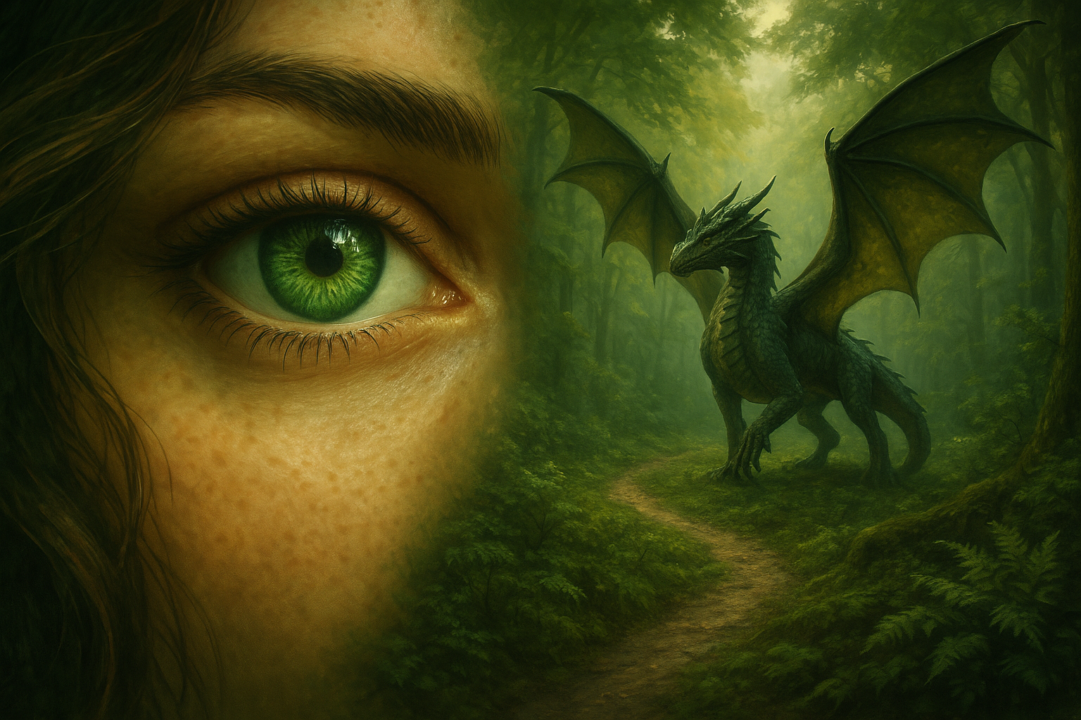 A green eye, black dragon and nature pathway